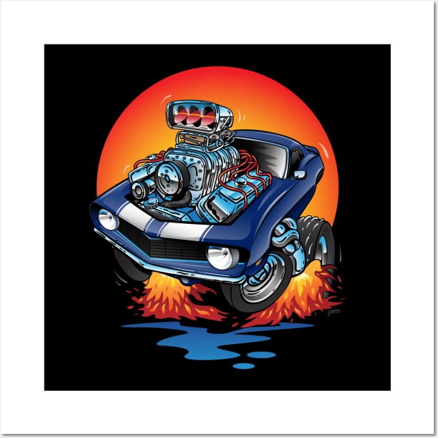 Funny Classic Sixties American Muscle Car Hot Rod Cartoon Wall Art by hobrath